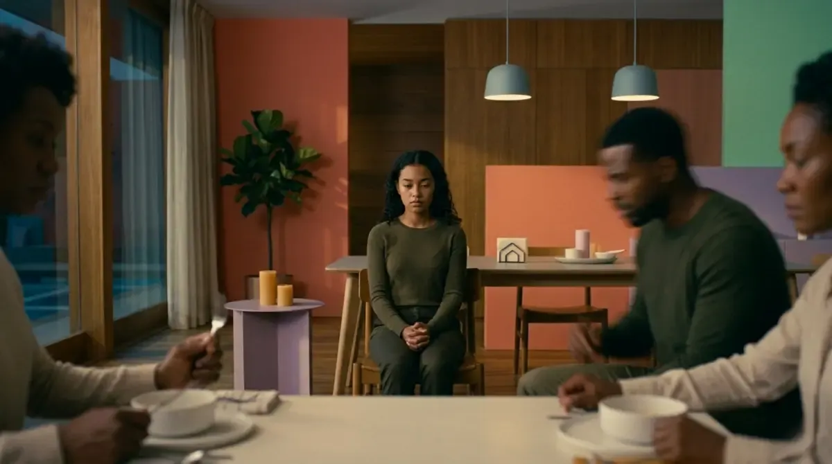 A woman at a table with several people leaning toward her, hands reaching into the frame