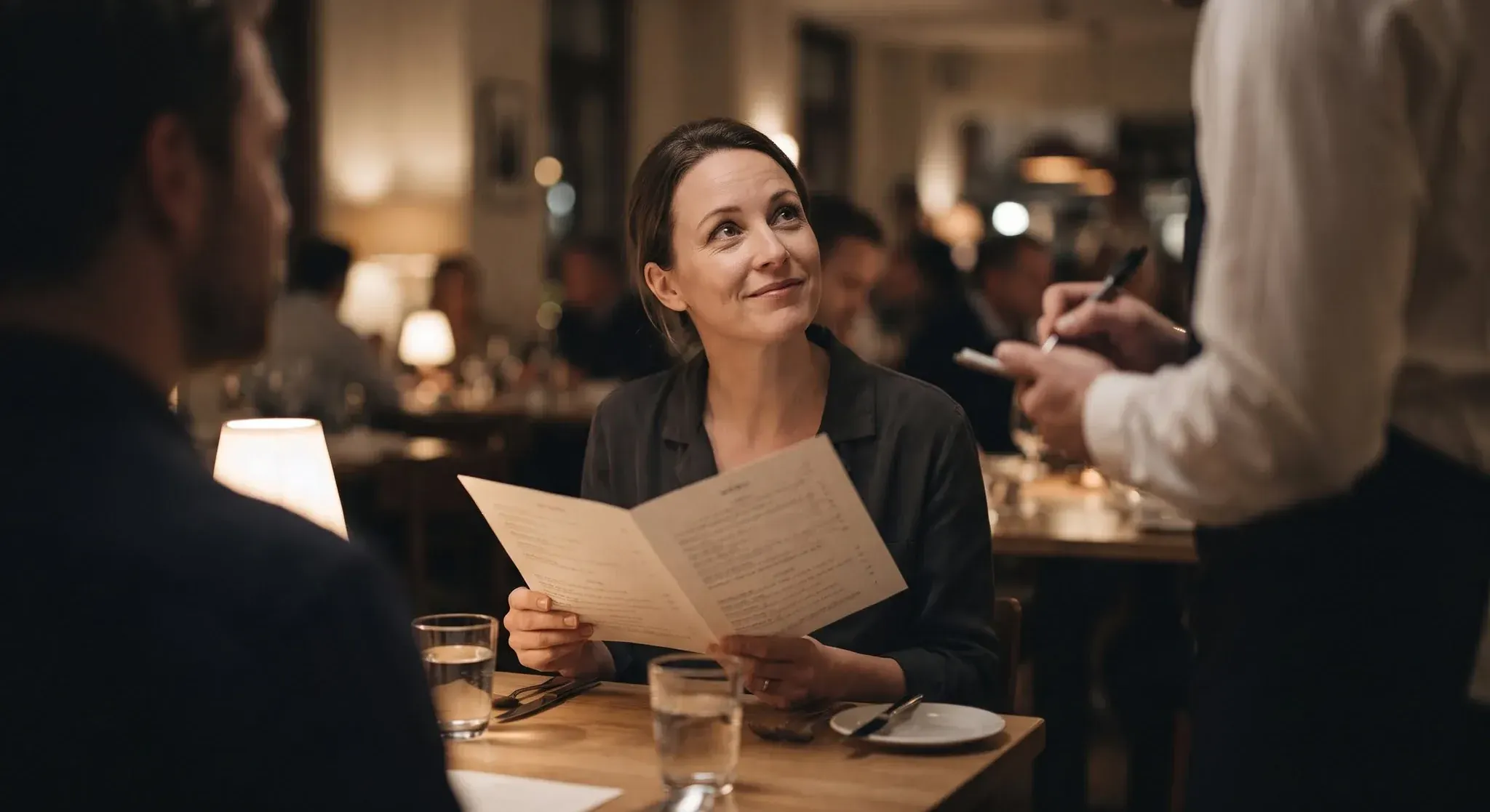 A woman at a restaurant table holding a menu and smiling up at the waiter as she gives her order