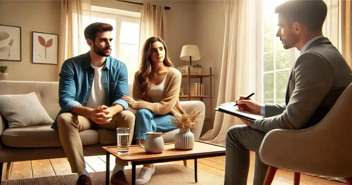 A couple sitting with a counsellor taking notes in a bright room