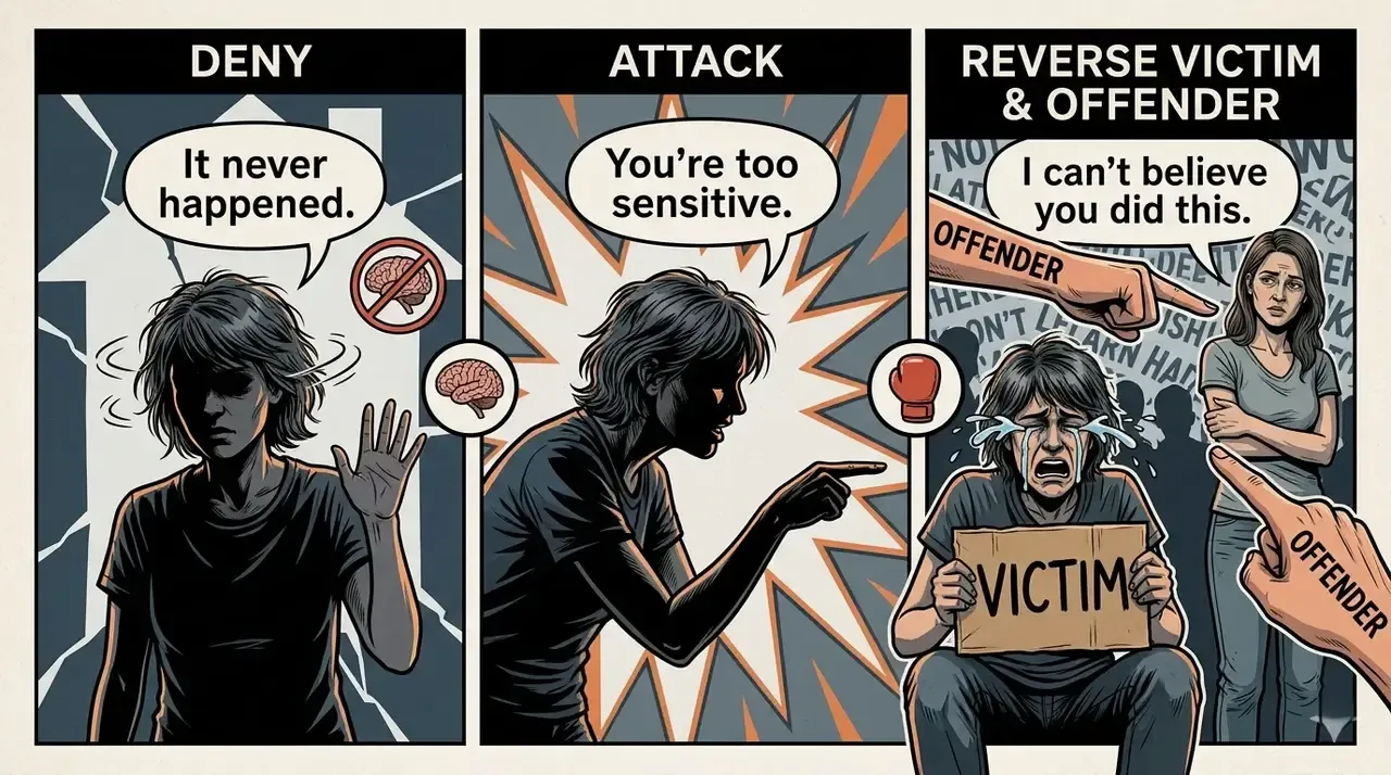 A three panel diagram showing deny, attack, and reverse victim and offender with example phrases