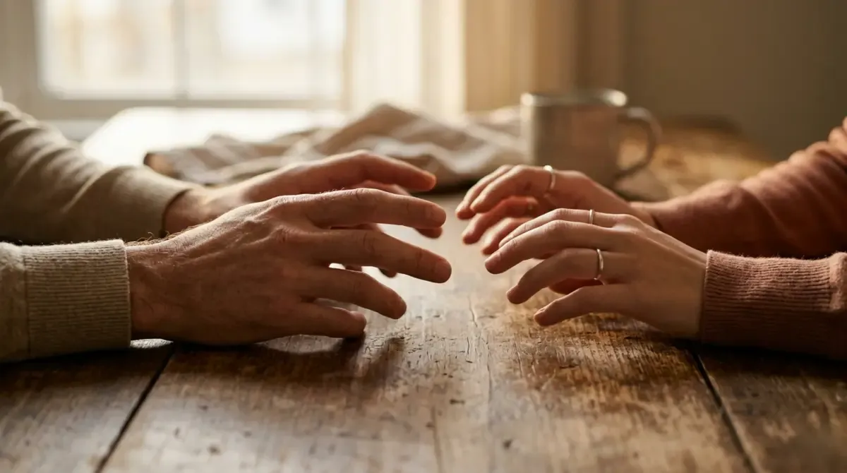 Two pairs of hands reaching toward each other across a rustic wooden table in warm light