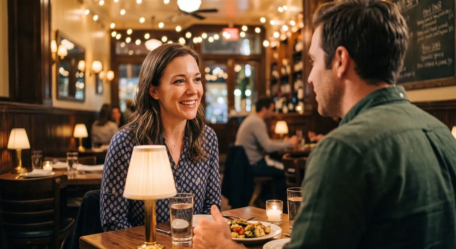 A woman smiling warmly across a candlelit table at a man seen from behind