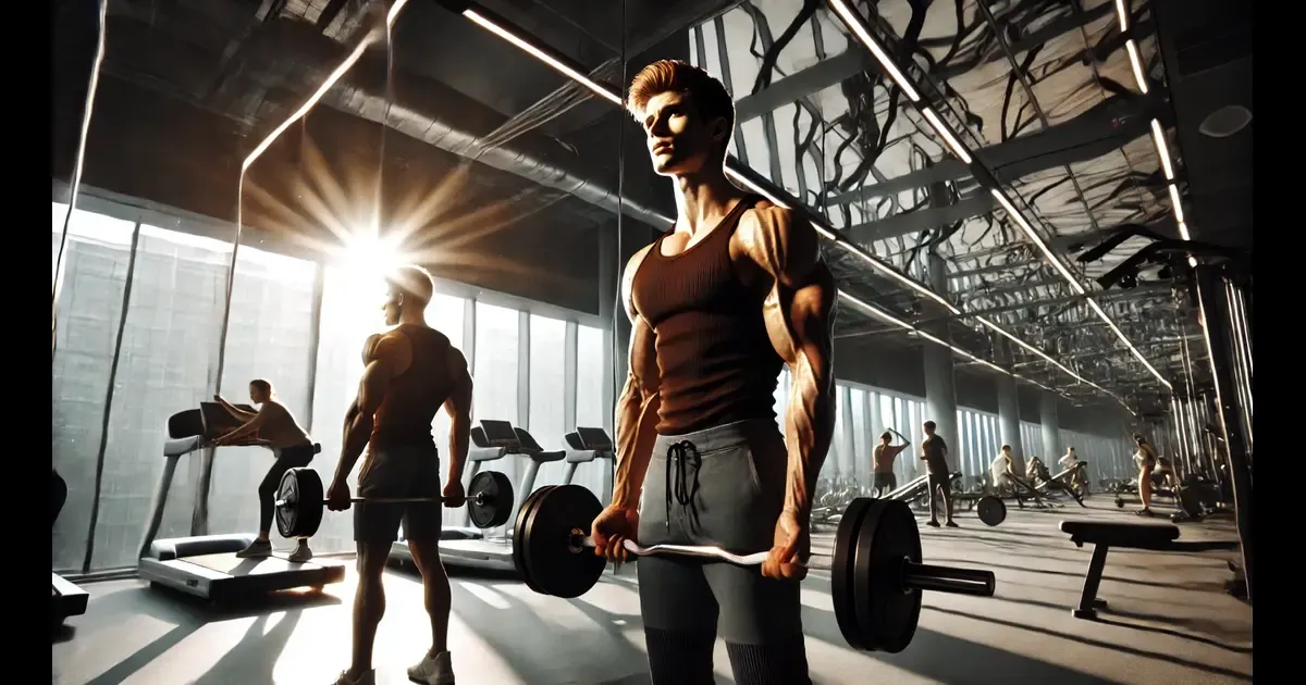 A muscular man posing in a gym under bright windows