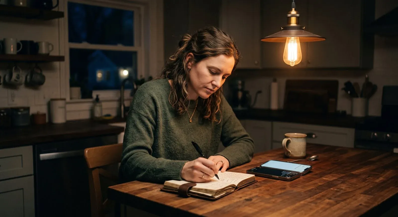 A woman writing in a small notebook late at night at her kitchen table under a single lamp, her phone beside her