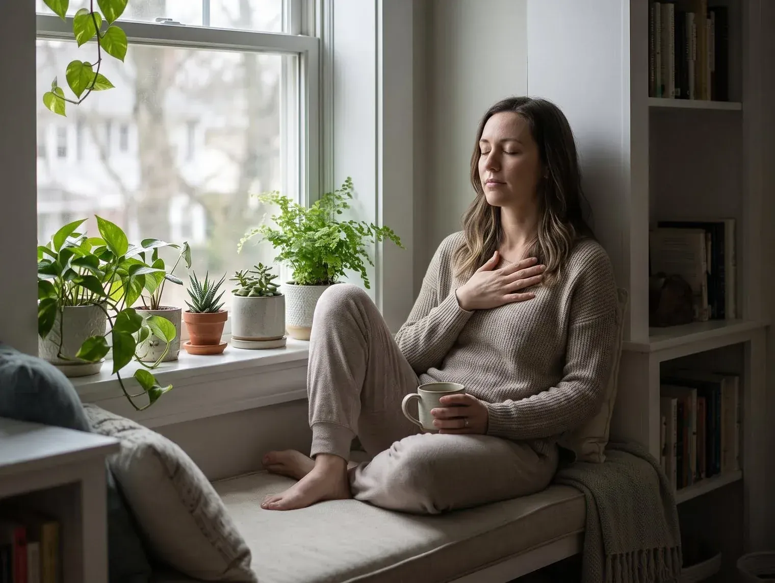 A woman sitting on a window seat with her eyes closed, one hand resting on her chest and a mug in the other, beside a row of houseplants