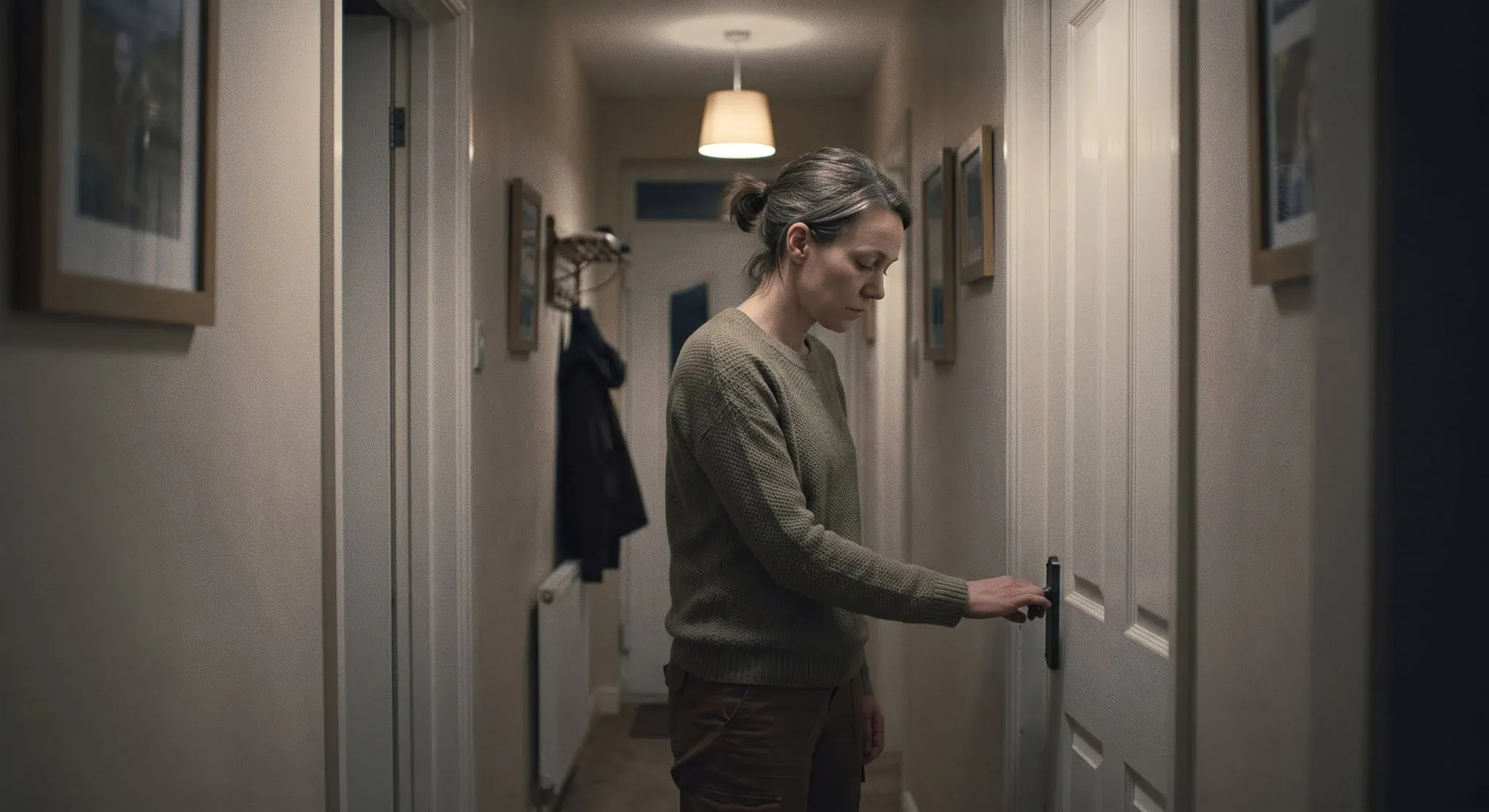 A woman in a hallway quietly closing a door behind her, eyes lowered, calm and steady