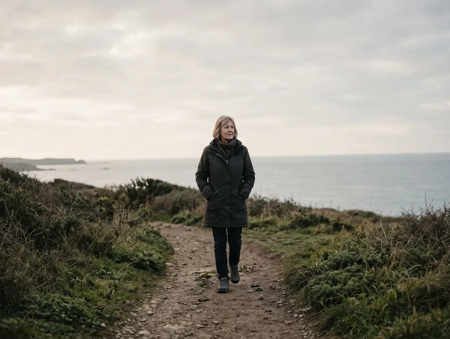 A woman in her sixties walking alone along a clifftop coastal path under an overcast sky, hands in her coat pockets, the sea behind her