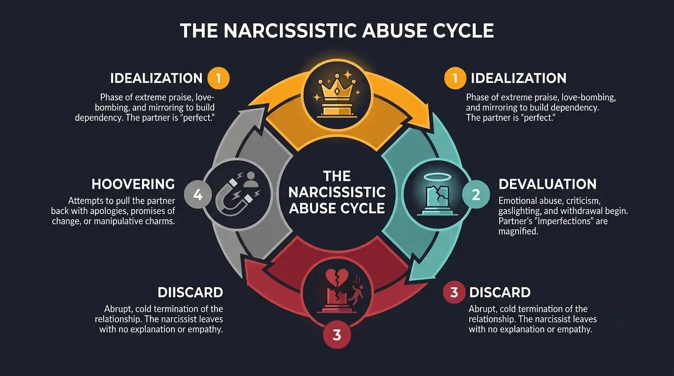 Infographic showing the narcissistic abuse cycle: idealization, devaluation, discard, hoovering