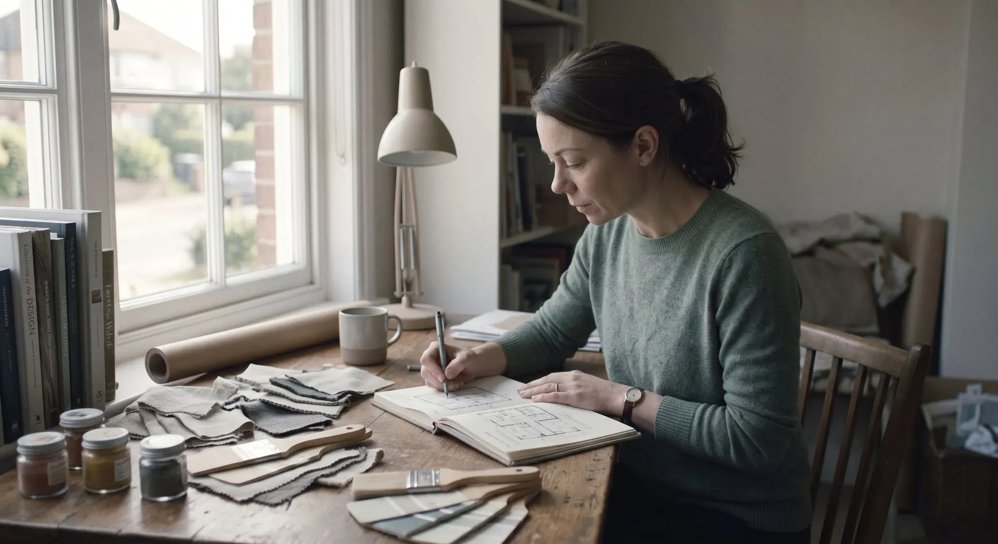 A woman at a desk by a window sketching a plan in a notebook, surrounded by fabric samples, paint pots and swatches