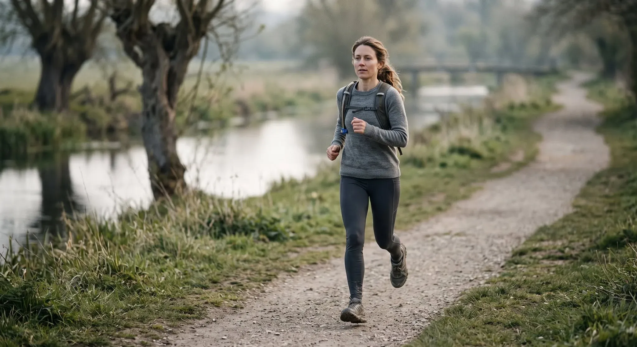 A woman on a morning run along a quiet riverside path, relaxed and focused, with nobody else around