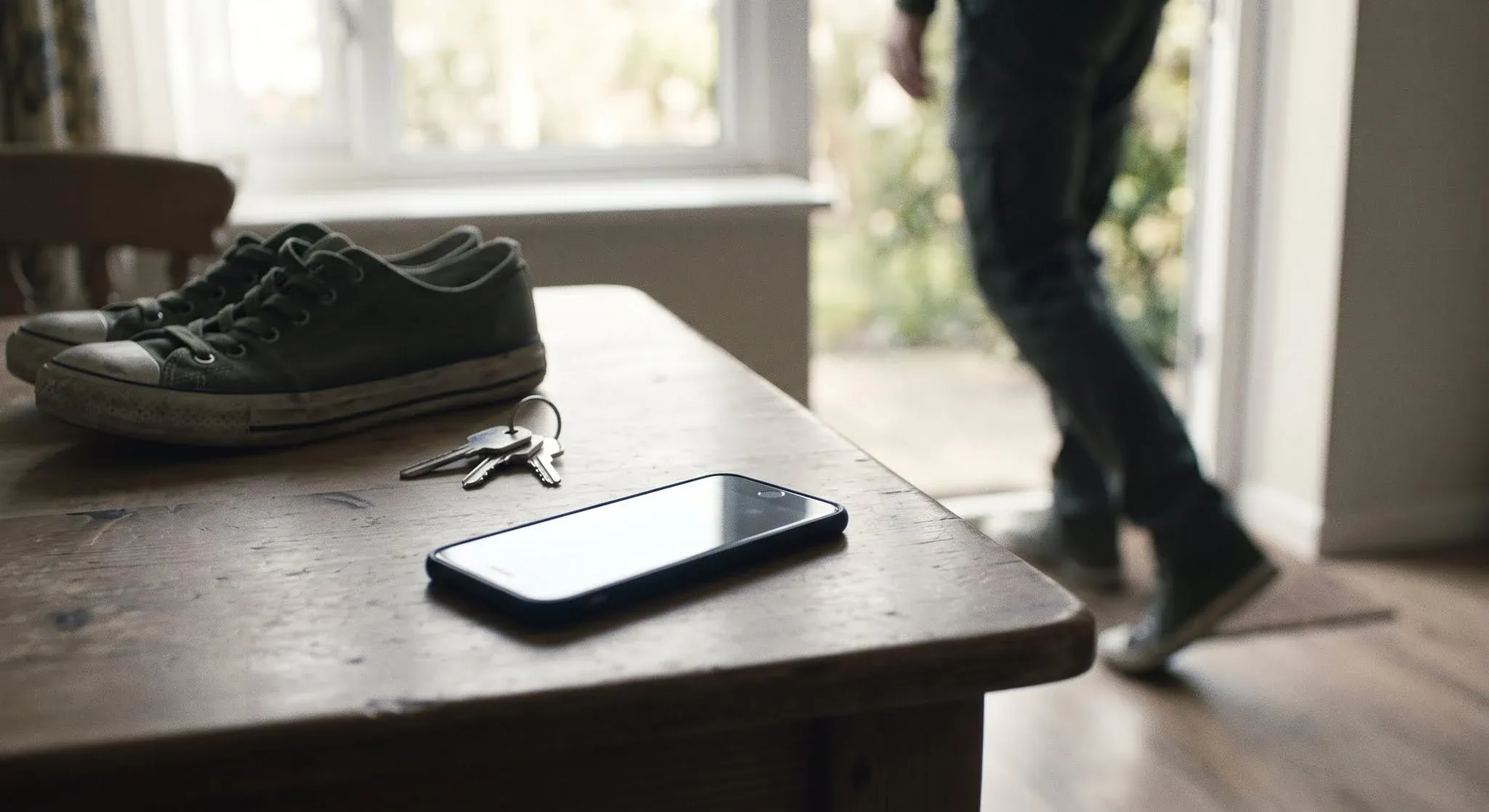 A phone lying face down on a wooden table beside house keys and trainers while someone walks out through the open door