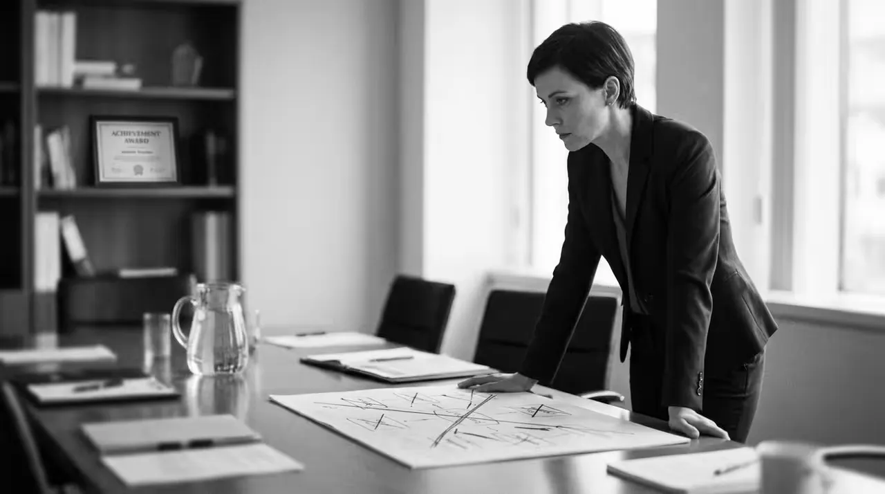 A woman in a meeting room leaning over a table of papers, alert, watching something outside the frame