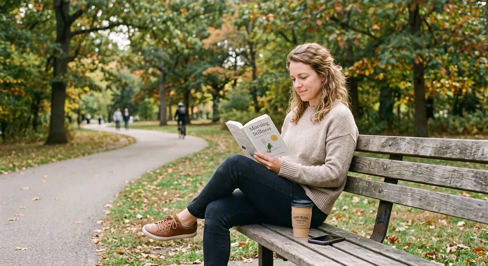 A woman reading a paperback on a park bench in autumn, a takeaway coffee beside her and her phone face down on the bench