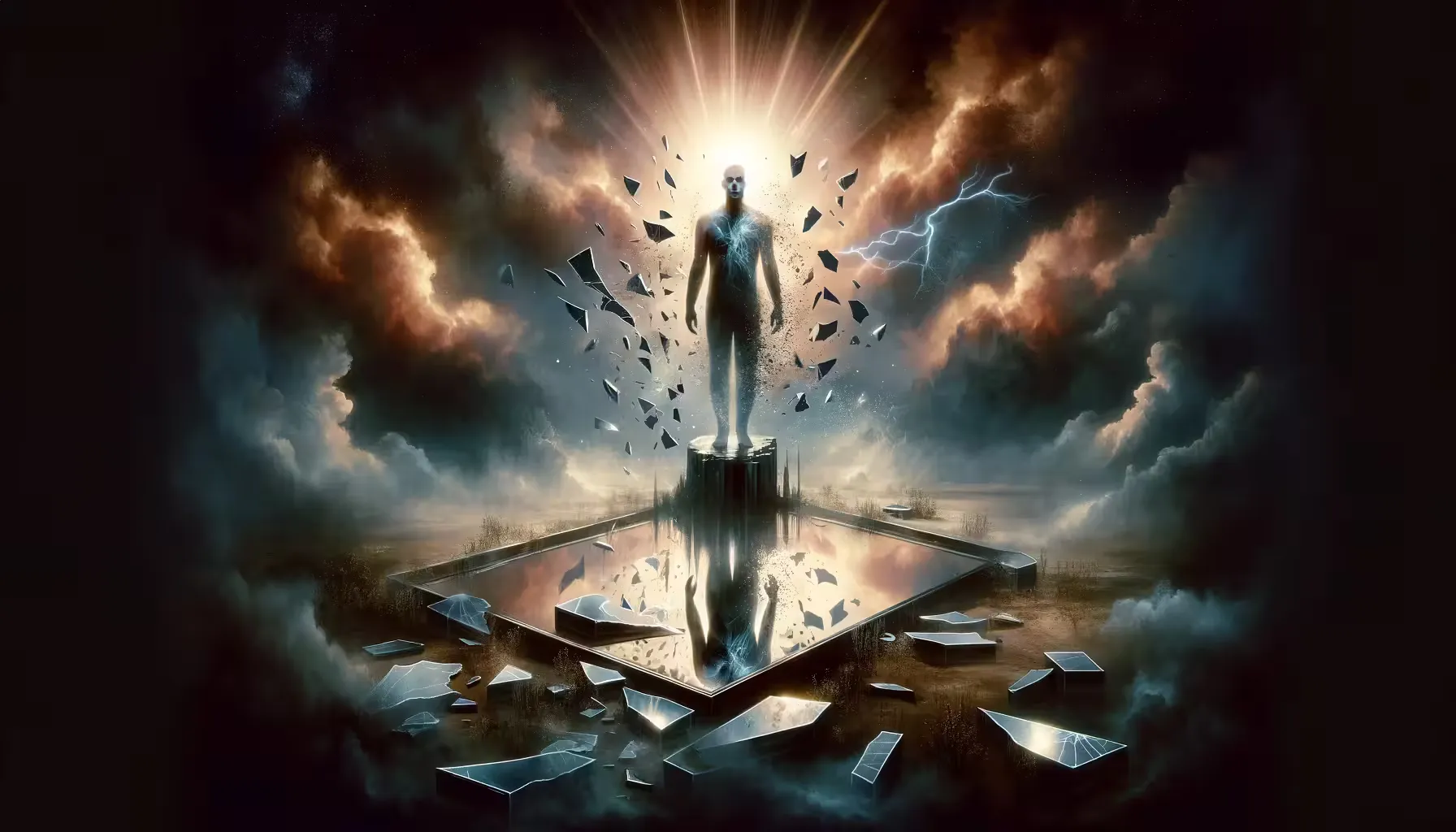 A figure standing on a broken mirror platform surrounded by shattered glass and storm clouds