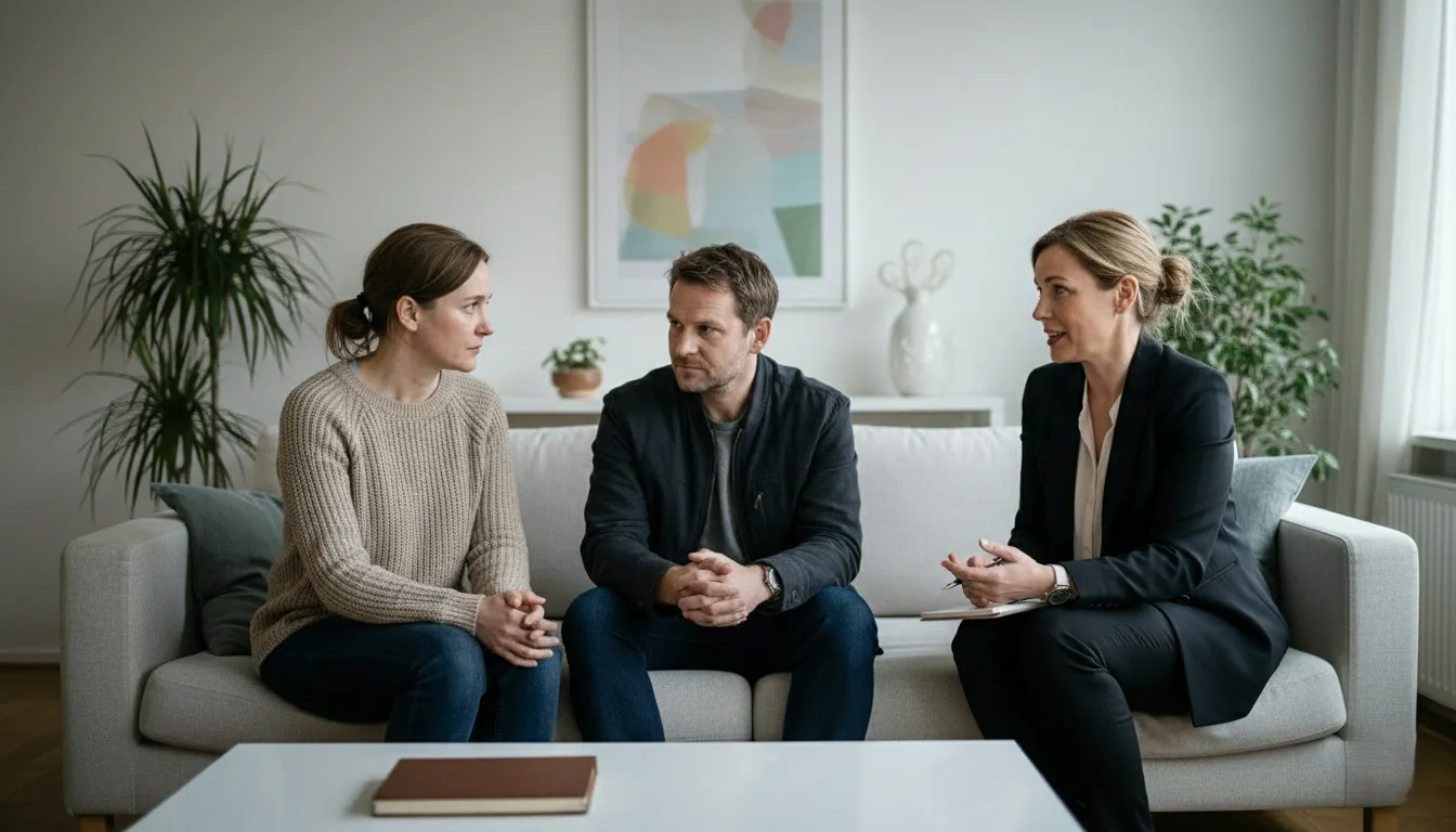 Two people talking at a kitchen table