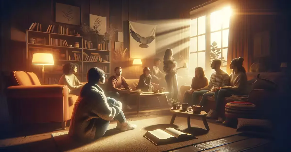 A warm room with several people sitting together talking