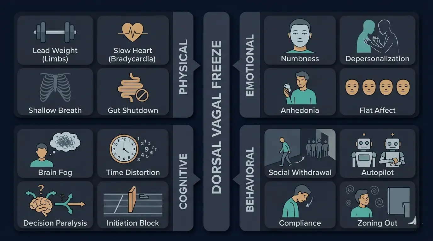 An infographic grouping dorsal vagal freeze symptoms into physical, cognitive, emotional and behavioural columns