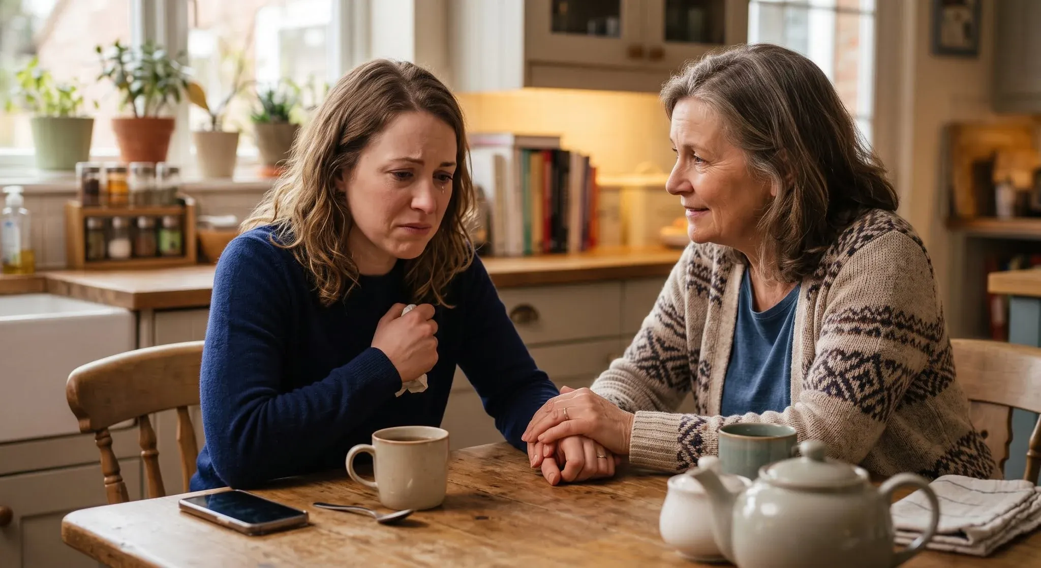 A woman in tears clutching a tissue to her chest while her mother holds her hand and smiles softly