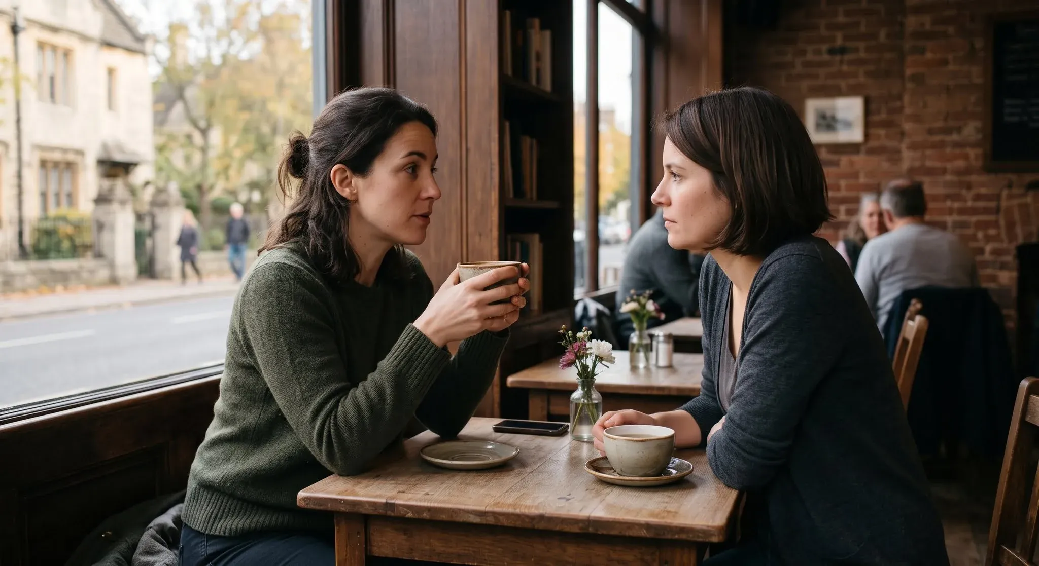 Two women at a café table by a window, one talking with her hands around a cup while the other leans in and listens