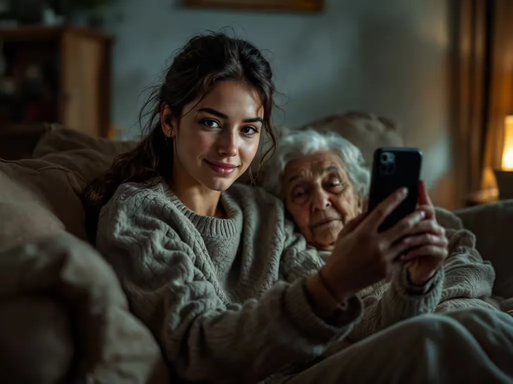 A young woman taking a selfie with an elderly woman on a sofa