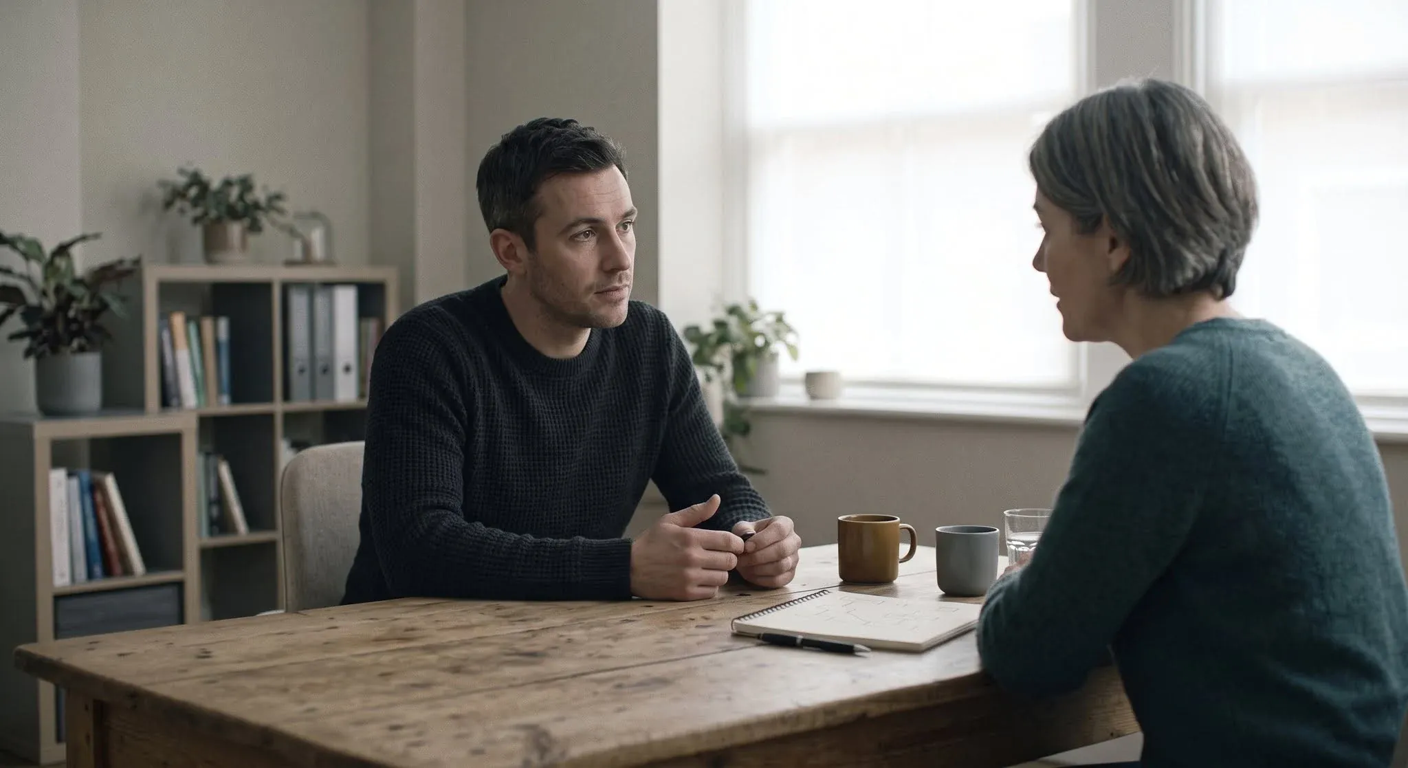 A man in a dark jumper sitting at a table mid-conversation with a therapist, seen from behind her shoulder, in a calm consulting room