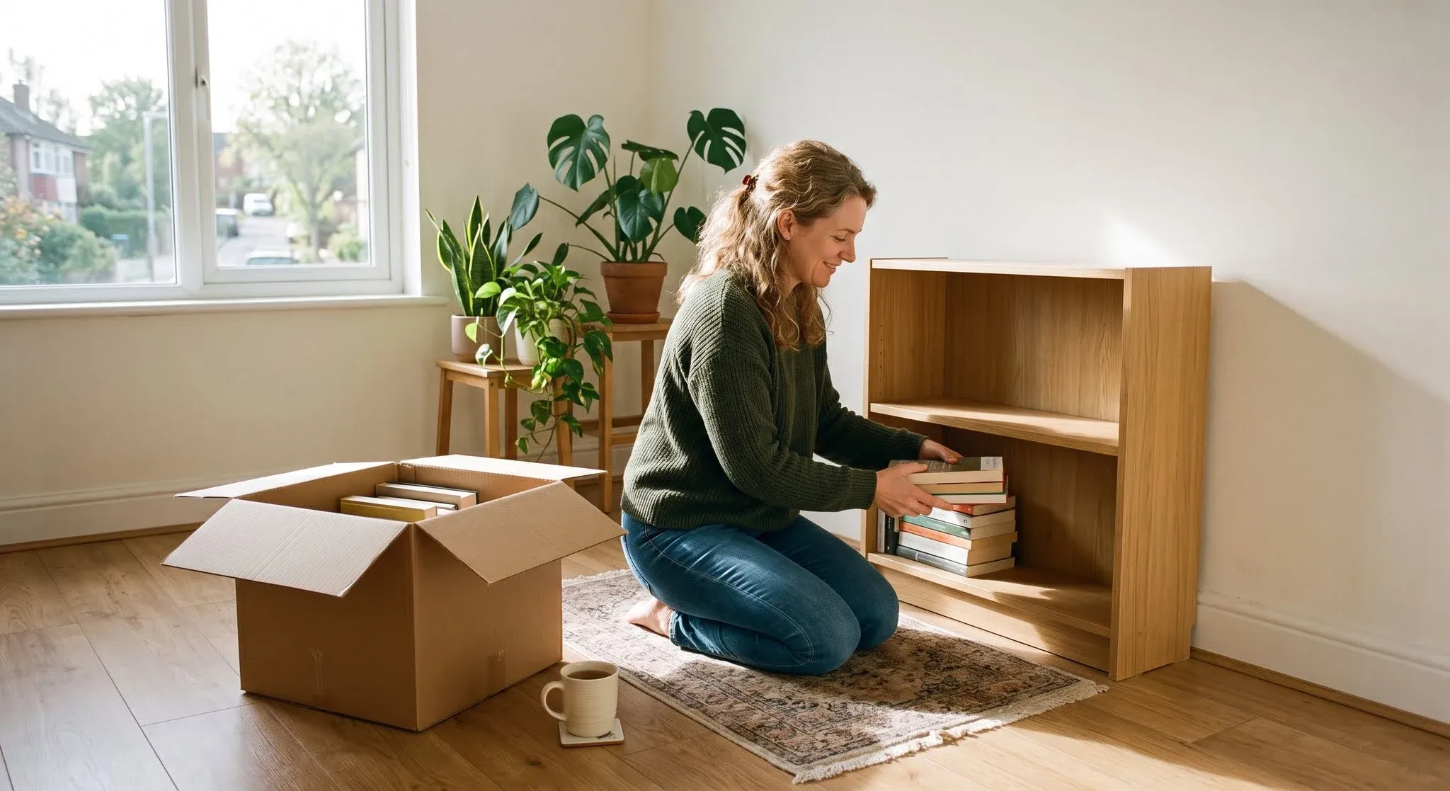 A woman kneeling in a sunlit, sparsely furnished room, smiling as she unpacks books from a cardboard box onto an empty shelf