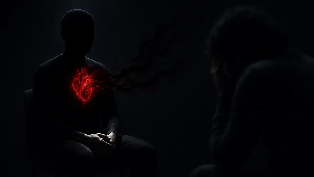 Silhouette of a person with a glowing red heart emitting dark smoke toward another figure