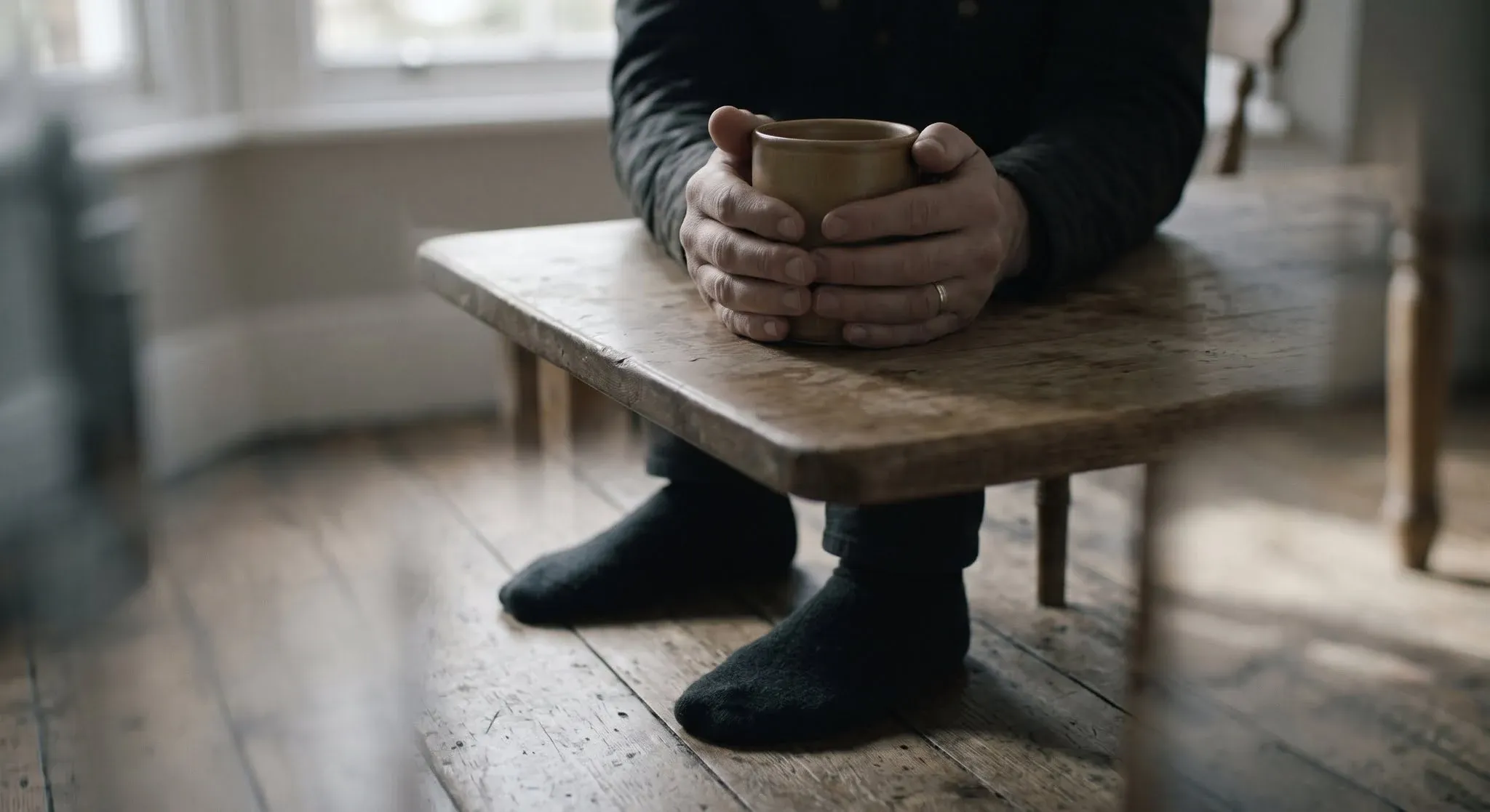 Close-up of hands wrapped around a warm mug at a wooden table, feet in socks resting flat on the floorboards below