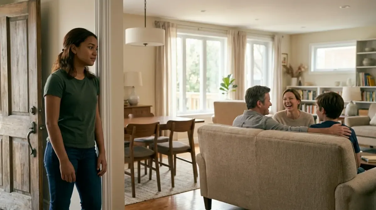 A young woman standing in a doorway watching a family laughing together on a sofa
