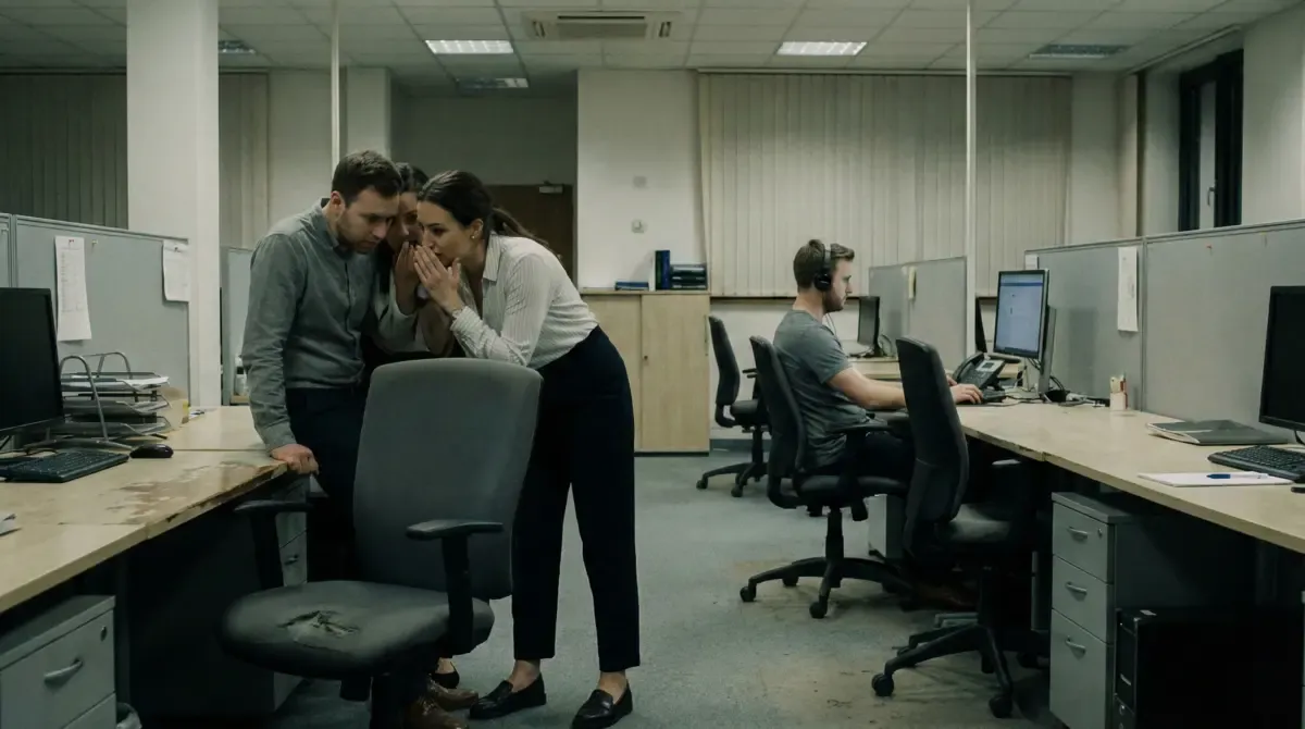 Two colleagues whispering behind a hand while a man works alone at a desk in the background