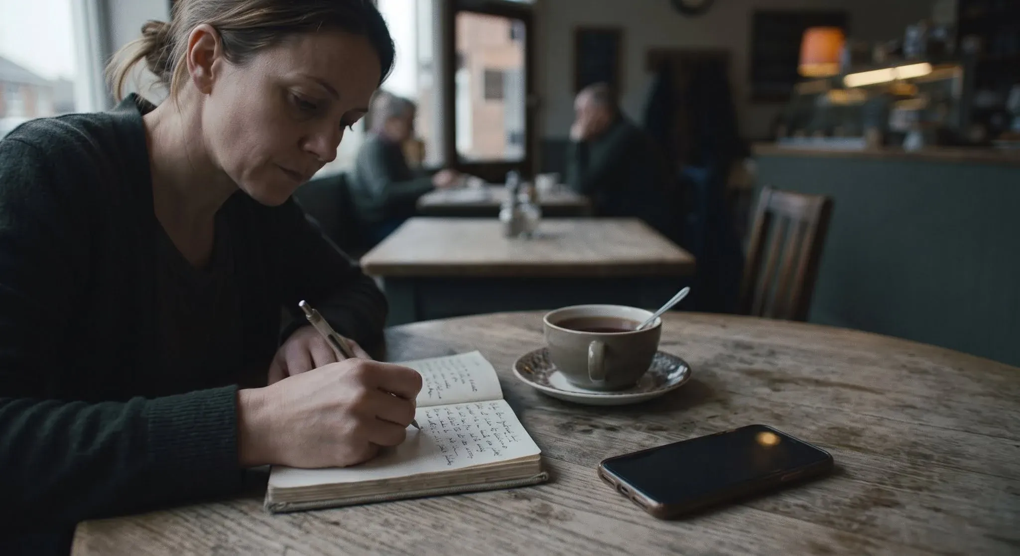 A woman writing in a small notebook at a café table beside a cup of tea and a phone lying face down
