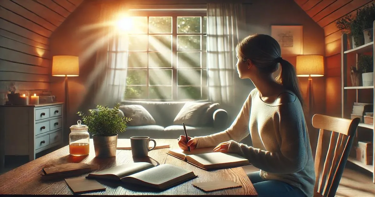 A person writing in a notebook at a table in warm light