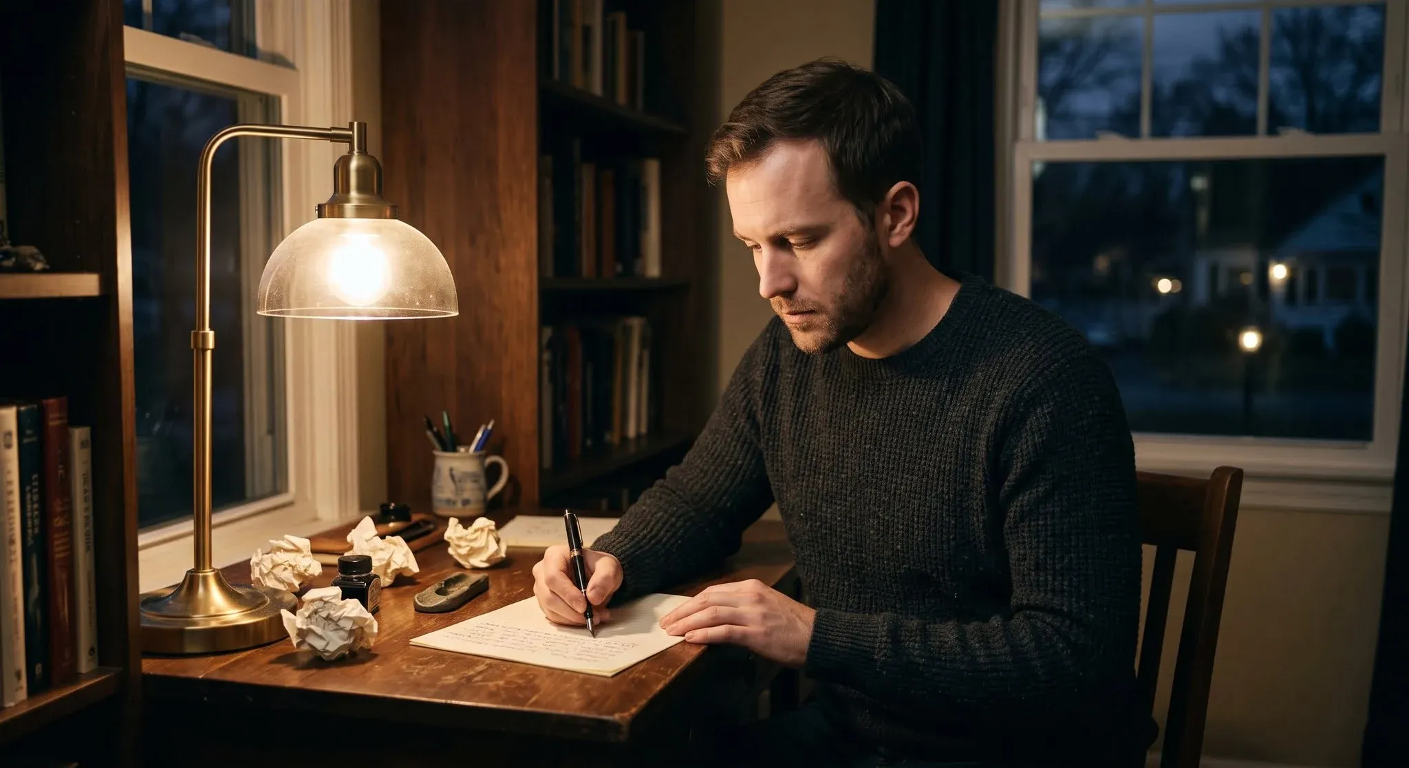A man writing a letter by hand at a lamplit desk in the evening, crumpled drafts beside him