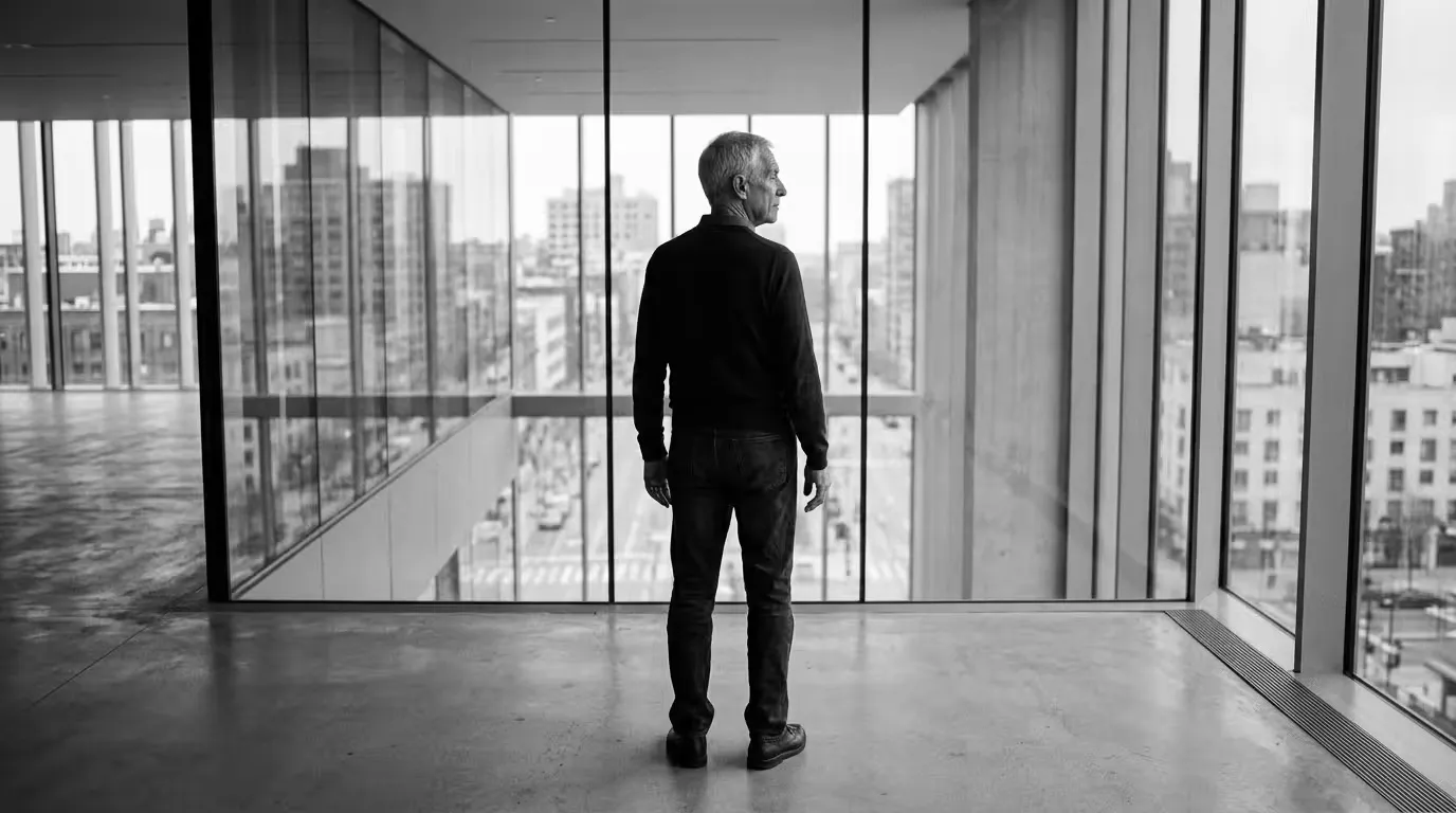 A person standing alone in a large empty room with glass walls looking out