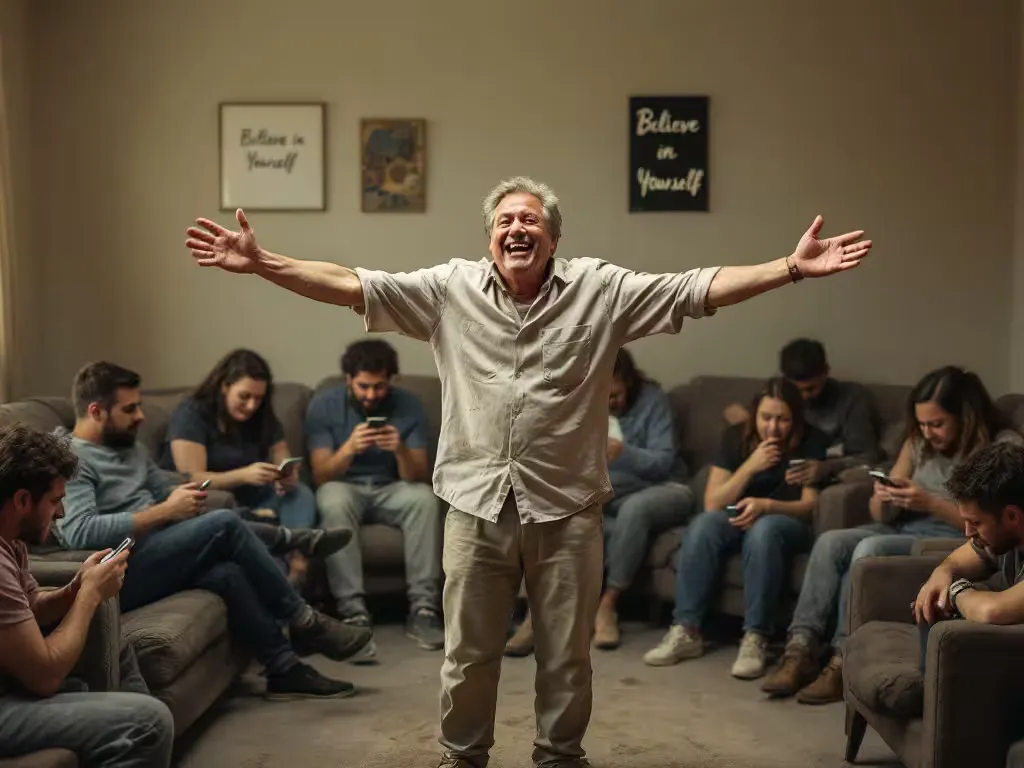 A man standing with his arms outstretched in a room where the others are looking at their phones