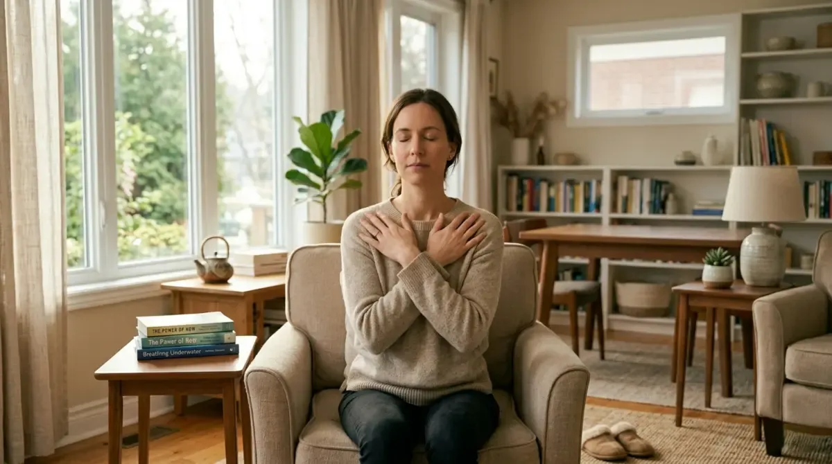 A person sitting on the floor with bare feet flat against a wooden floor