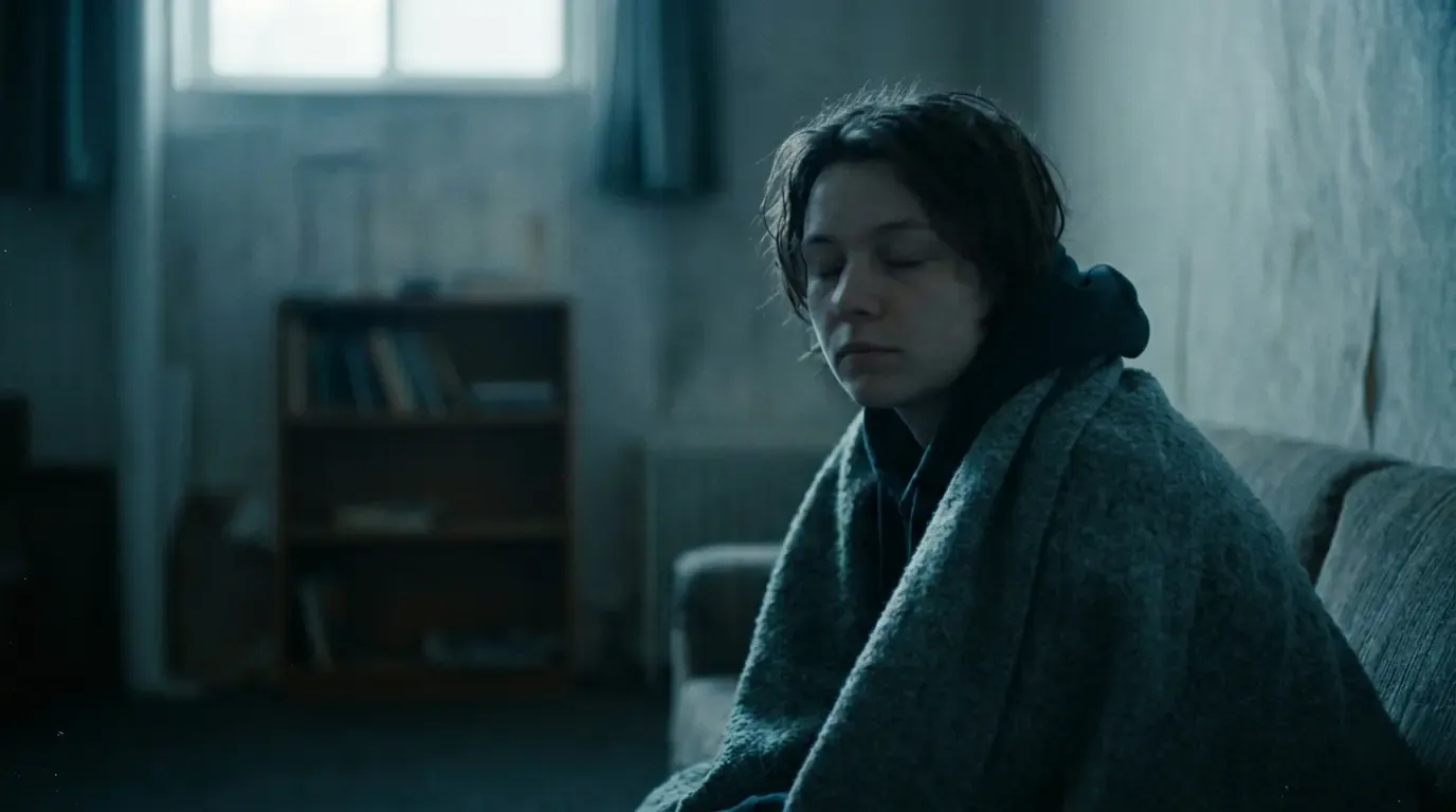 A woman wrapped in a blanket sitting by a window, looking at nothing in particular