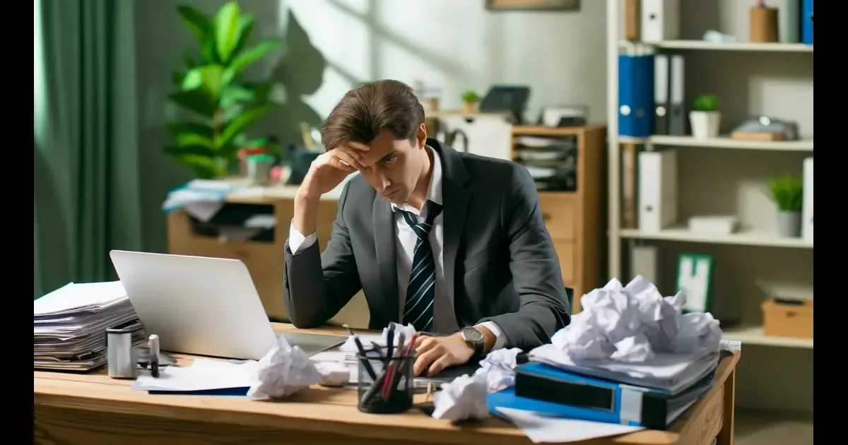 A man at a desk with his head in one hand, surrounded by crumpled paper