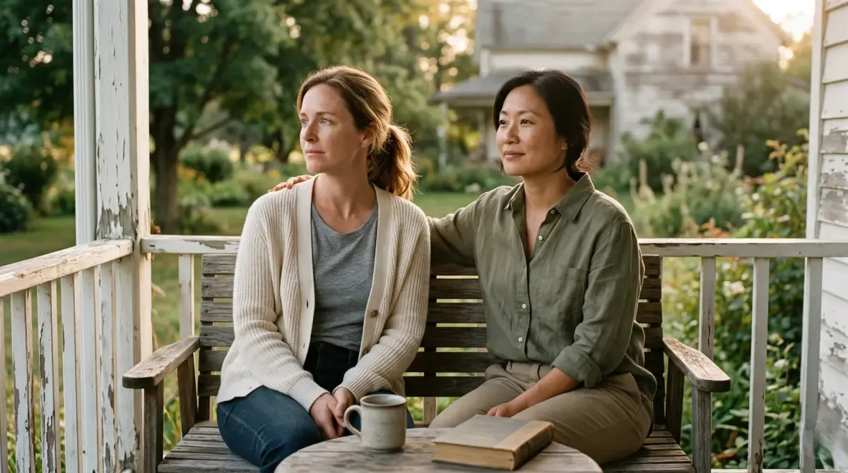 Two women sitting together on a porch bench, one resting a hand on the other’s back