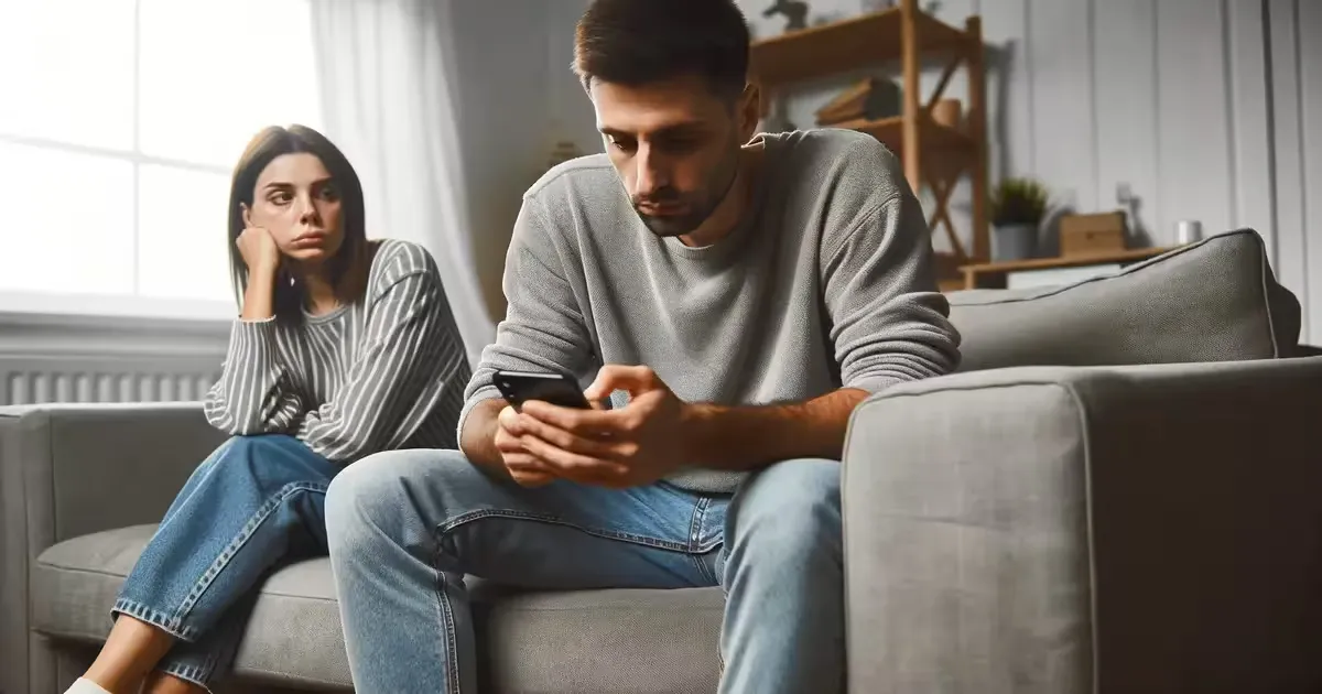 A woman on a sofa looking toward a man who is turned away, absorbed in his phone