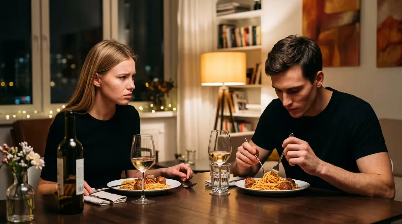A couple at a dinner table, one looking upset while the other eats without looking up