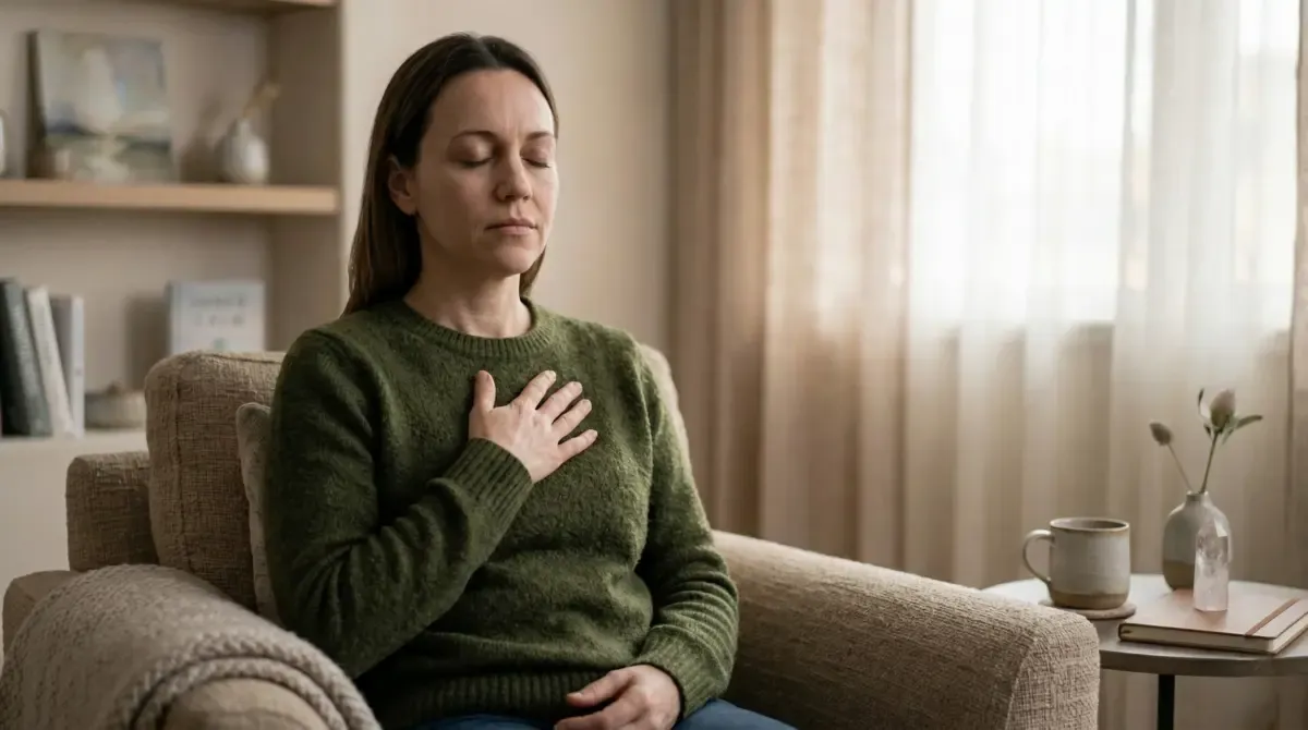 A woman sitting in an armchair with one hand resting on her chest, eyes closed