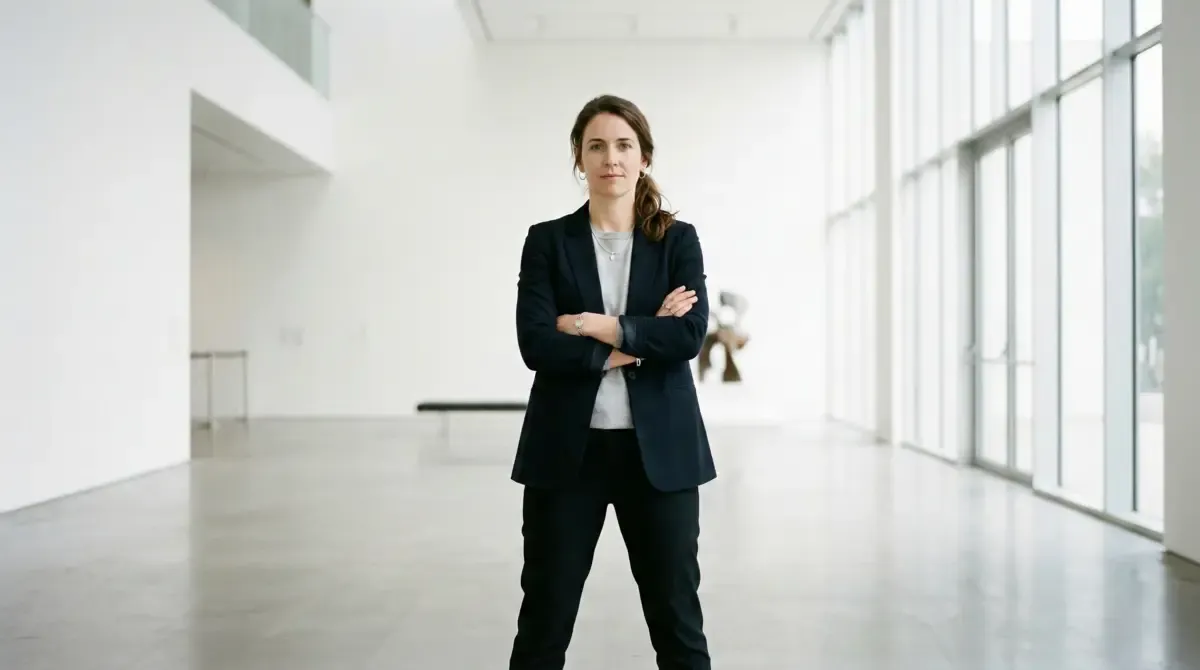 A woman in a dark suit standing with arms crossed in a bright minimalist room