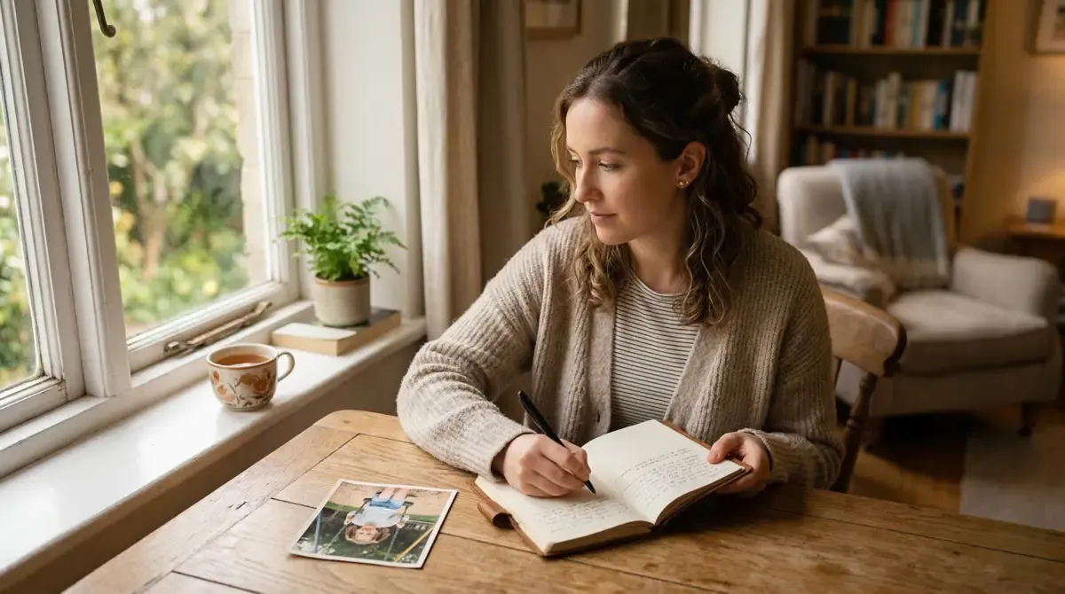 A person writing in a notebook at a table