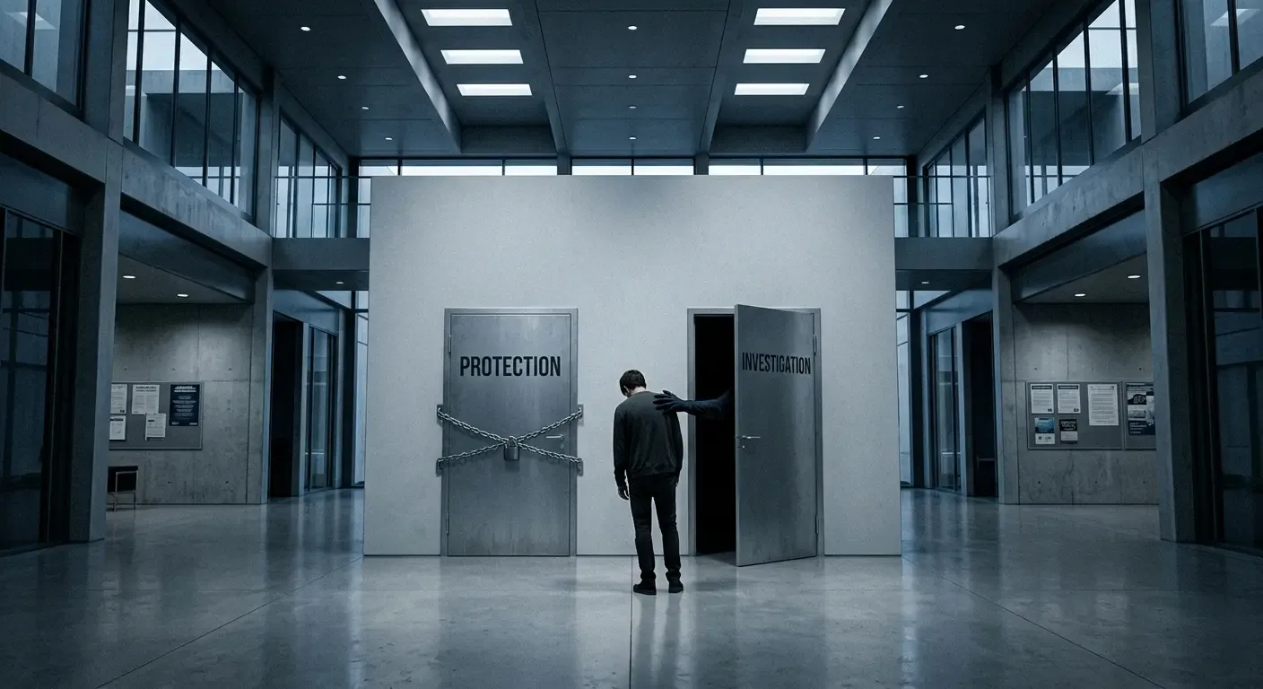 A person standing before two heavy institutional doors marked protection in a large empty lobby
