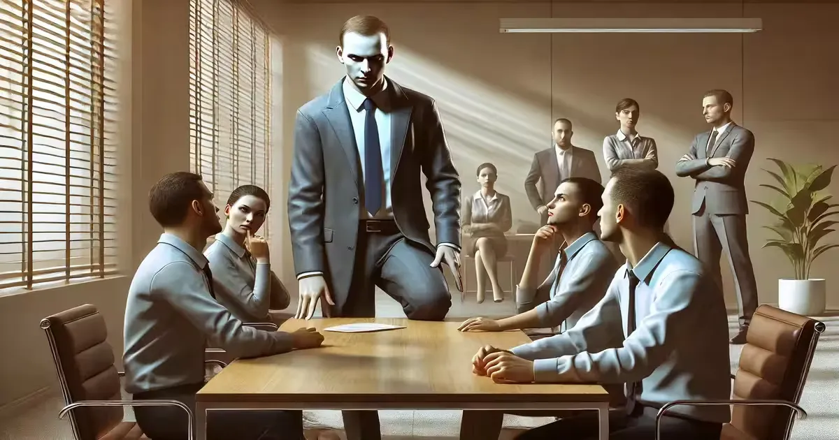 It portrays the tense and controlling atmosphere often created by a malignant narcissist in the workplace