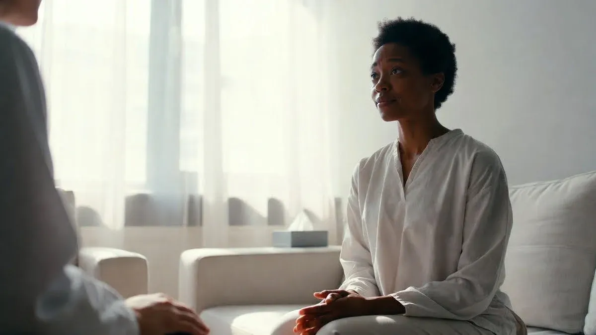 A woman sitting on a sofa in a therapy session, talking, with tissues on the table