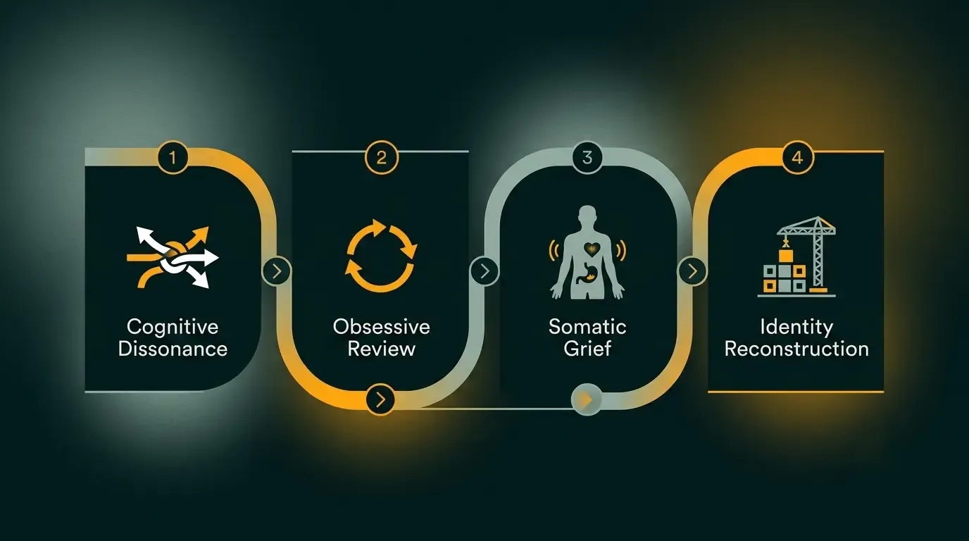 Infographic showing four phases of the discard experience: cognitive dissonance, obsessive review, somatic grief, and identity reconstruction.