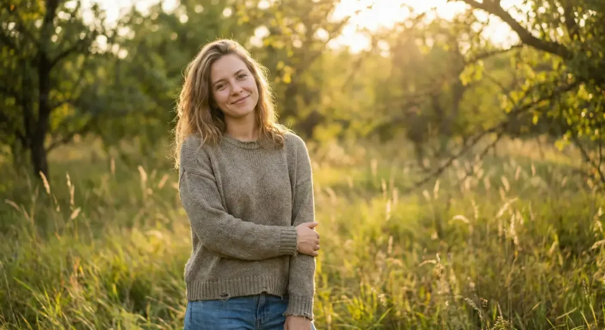 A woman standing outdoors in long grass in evening light