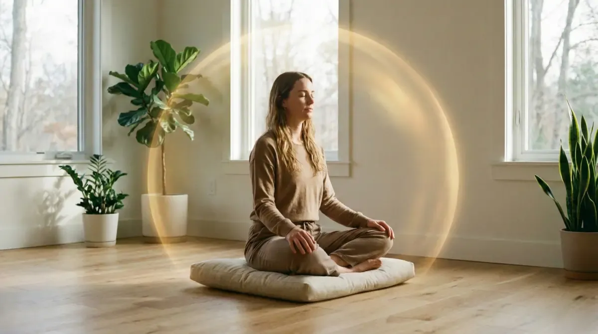 Woman meditating with protective energy field representing emotional boundaries and nervous system healing